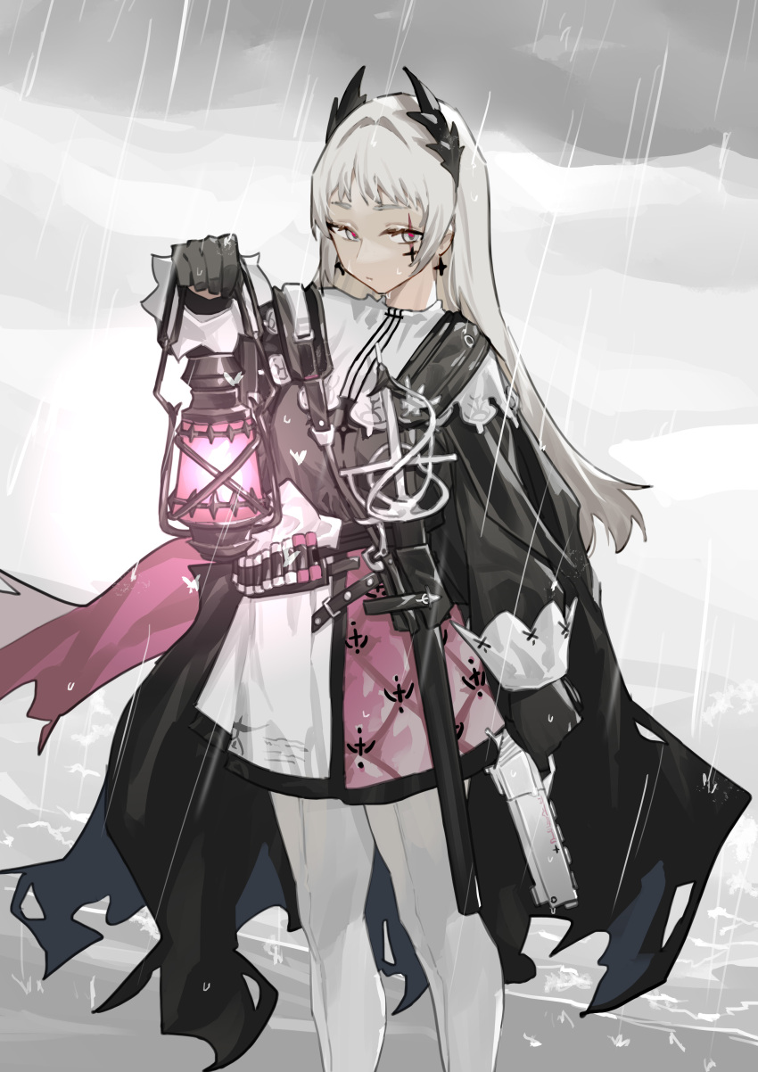 1girl absurdres arknights belt black_cape black_dress black_gloves cape clouds commentary_request dress feet_out_of_frame gloves grey_eyes grey_sky gun handgun highres holding holding_gun holding_lantern holding_weapon irene_(arknights) lantern long_hair looking_at_viewer outdoors pantyhose pistol rain red_pupils renxzd scar scar_across_eye solo weapon white_dress white_hair white_legwear