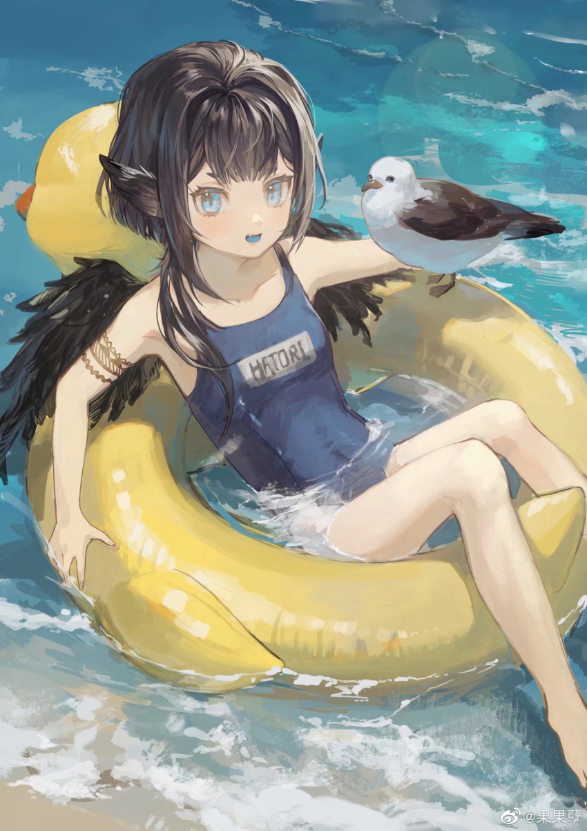 1girl animal_ears armlet bangs bare_shoulders beach bird bird_ears bird_girl bird_wings blue_eyes blue_tongue brown_hair cacanep character_request chinese_commentary collarbone colored_tongue commentary_request copyright_request covered_navel fang feathered_wings feet_out_of_frame from_above highres innertube long_hair one-piece_swimsuit open_mouth outdoors partially_submerged solo swimsuit water weibo_logo weibo_username wings