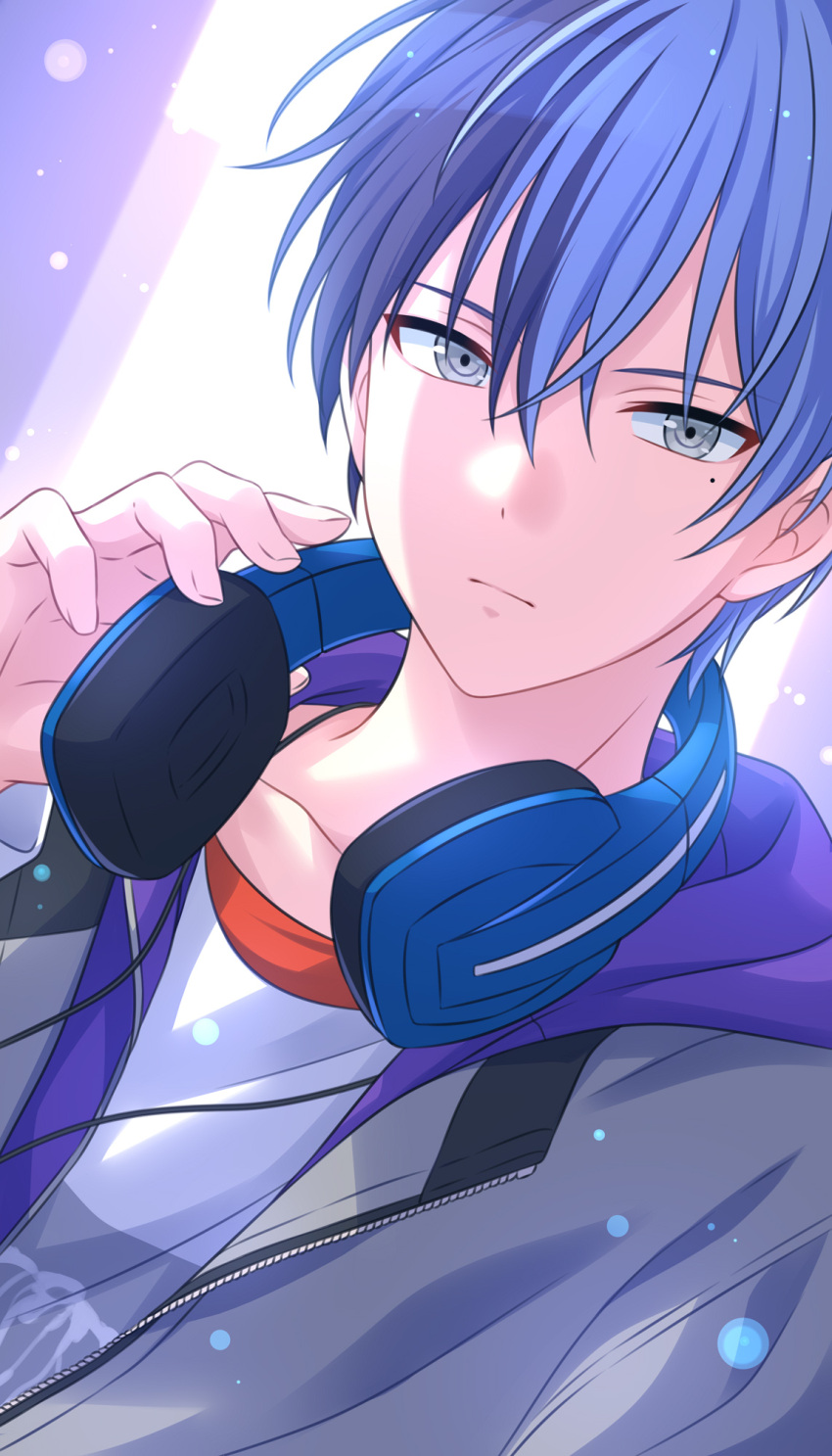 1boy aoyagi_touya backlighting blue_hair close-up closed_mouth collarbone dot_nose dutch_angle eyebrows_visible_through_hair face fingernails grey_eyes grey_hoodie hair_between_eyes hand_on_headphones hand_up headphones headphones_around_neck highres hood hood_down hoodie lens_flare light_blue_hair light_particles looking_at_viewer male_focus mole mole_under_eye multicolored_hair official_style open_clothes open_hoodie project_sekai purple_hood sekina serious shiny shiny_hair shirt split-color_hair tsurime two-tone_hair upper_body white_shirt
