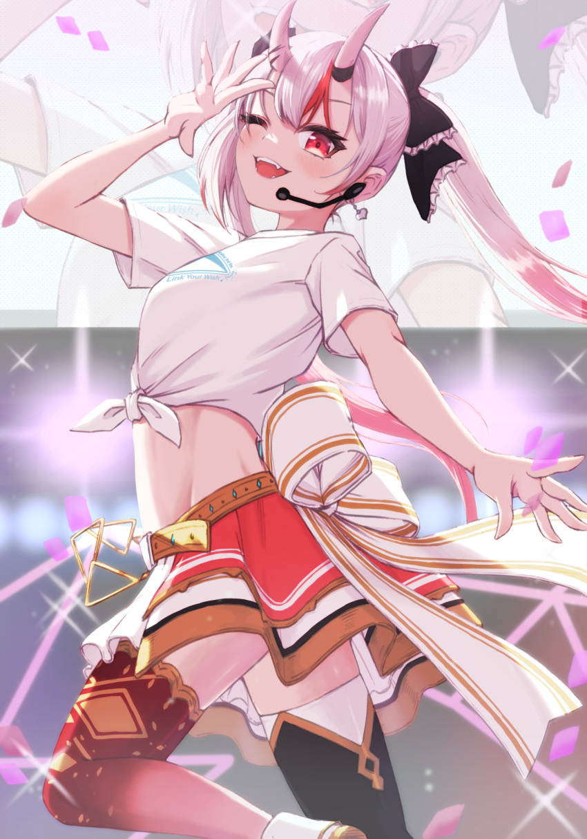 1girl :d asymmetrical_legwear black_legwear blush bowsan commentary fangs headset highres hololive hololive_idol_uniform horns long_hair looking_at_viewer midriff mismatched_legwear multicolored_hair nakiri_ayame one_eye_closed red_eyes red_legwear redhead shirt smile solo stage stage_lights standing standing_on_one_leg streaked_hair thigh-highs tied_shirt twintails virtual_youtuber white_hair