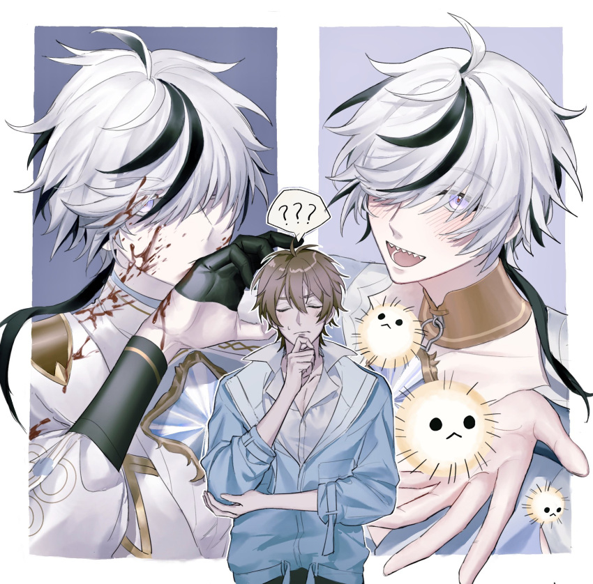 2boys ? amamitsudaisuki black_gloves black_hair blade_(nu_carnival) blood blood_on_clothes blood_on_face blood_on_hands brown_hair detached_collar eiden_(nu_carnival) gloves grey_hair grey_shirt hair_over_eyes highres long_sleeves looking_at_viewer multicolored_hair multiple_boys nu_carnival shirt single_glove violet_eyes