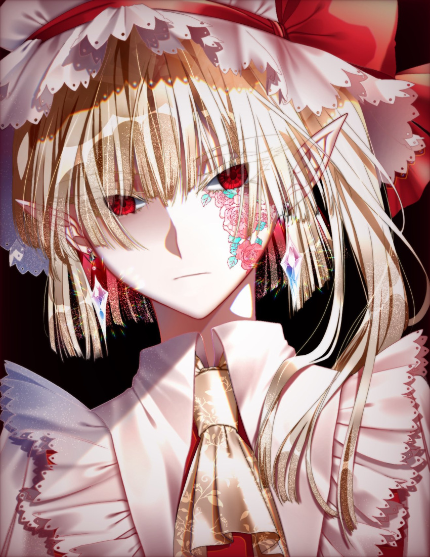 1girl :| ascot bow closed_mouth collar collared_shirt commentary crystal earrings eyebrows_visible_through_hair flandre_scarlet flower flower_tattoo frilled_collar frills hat hat_bow highres jewelry looking_at_viewer mob_cap nubezon pink_flower pink_rose pointy_ears red_bow red_eyes rose shirt short_hair sidelocks solo tattoo touhou white_headwear white_shirt yellow_ascot