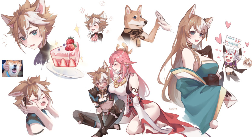 2boys 2girls :d afterimage animal_ears arataki_itto armor bare_legs barefoot black_gloves blue_eyes blush breasts brown_hair brown_pants cake cheek_squash chinese_commentary crossed_legs detached_sleeves dog dog_ears drooling dual_persona ear_wiggle earrings eating embarrassed envelope eyebrows_visible_through_hair fang food fox_ears fruit furrowed_brow genshin_impact gloves gorou_(genshin_impact) green_kimono hair_between_eyes half-closed_eyes hand_on_own_chest hands_on_another's_face headpiece heart heart-shaped_eyes hina_(genshin_impact) holding holding_envelope holding_sign indian_style japanese_clothes jewelry kimono kneeling large_breasts long_hair looking_at_viewer looking_away midriff motion_lines multicolored_hair multiple_boys multiple_girls necklace no_panties notice_lines obi off-shoulder_kimono open_mouth pants parted_lips pelvic_curtain photo-referenced photo_inset pink_hair pom_pom_(clothes) sakiko_(kanosakiko) saliva sash shin_guards short_hair shoulder_armor sign signature simple_background sitting smile sparkle strawberry strawberry_cake streaked_hair thick_eyebrows two-tone_hair violet_eyes white_background white_hair wide_sleeves yae_miko