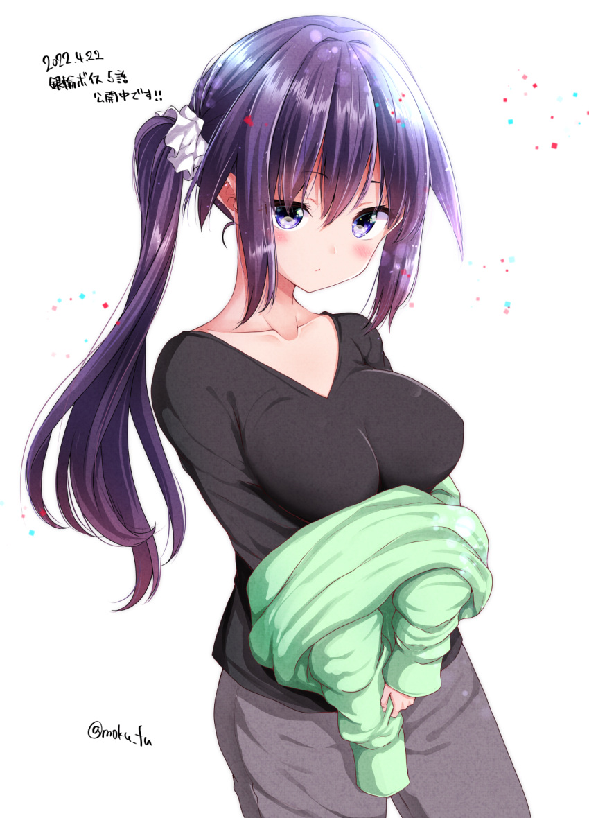 1girl bangs black_shirt blush breasts closed_mouth collarbone eyebrows_visible_through_hair green_sweater grey_pants hair_between_eyes hair_ornament hair_scrunchie highres large_breasts mokufuu original pants purple_hair scrunchie shirt side_ponytail sidelocks simple_background solo sweater translation_request twitter_username undressing violet_eyes white_background white_scrunchie