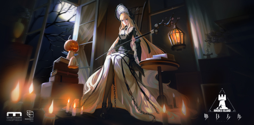 1girl arknights arm_strap ascot bangs bare_tree black_dress black_footwear black_headwear blonde_hair blue_eyes blunt_bangs bonnet breasts brown_legwear candle chain chair chinese_commentary copyright_name dress eyebrows_visible_through_hair full_body full_moon high_heels highres holding holding_staff indoors jack-o'-lantern lantern long_hair looking_at_viewer medium_breasts moon moonlight night nightingale_(an_elegy)_(arknights) nightingale_(arknights) official_alternate_costume open_window pantyhose parted_lips rhodes_island_logo sakiko_(kanosakiko) sitting skirt solo staff tree very_long_hair wavy_hair white_ascot white_skirt wide_sleeves window