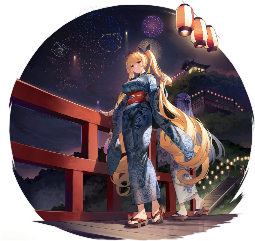 6+girls artist_request azur_lane back_turned bangs blonde_hair braid breasts character_request closed_mouth drill_hair fireworks floral_print geta highres japanese_clothes kimono kinchaku lantern large_breasts looking_at_viewer multiple_girls nelson_(azur_lane) nelson_(azure_and_gold_summer_night)_(azur_lane) night obi official_art paper_lantern pouch print_kimono red_eyes rodney_(azur_lane) sash solo_focus transparent_background twintails