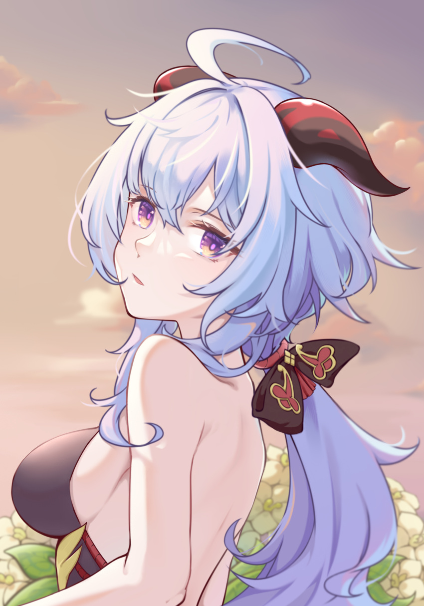 1girl absurdres ahoge back backless_outfit bangs bare_arms blue_hair bow breasts chan_sang flower from_side ganyu_(genshin_impact) genshin_impact highres horns long_hair looking_at_viewer looking_back low_ponytail medium_breasts parted_lips qingxin_flower sideboob sidelocks sleeveless solo upper_body violet_eyes white_flower