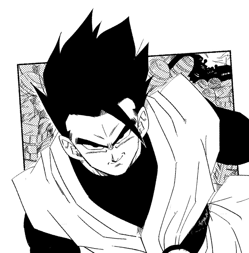 1boy artist_name bangs belt city commentary dragon_ball dragon_ball_z fenyon great_saiyaman greyscale halftone highres looking_at_viewer male_focus monochrome outside_border shirt smirk solo son_gohan spiky_hair superhero v-shaped_eyebrows