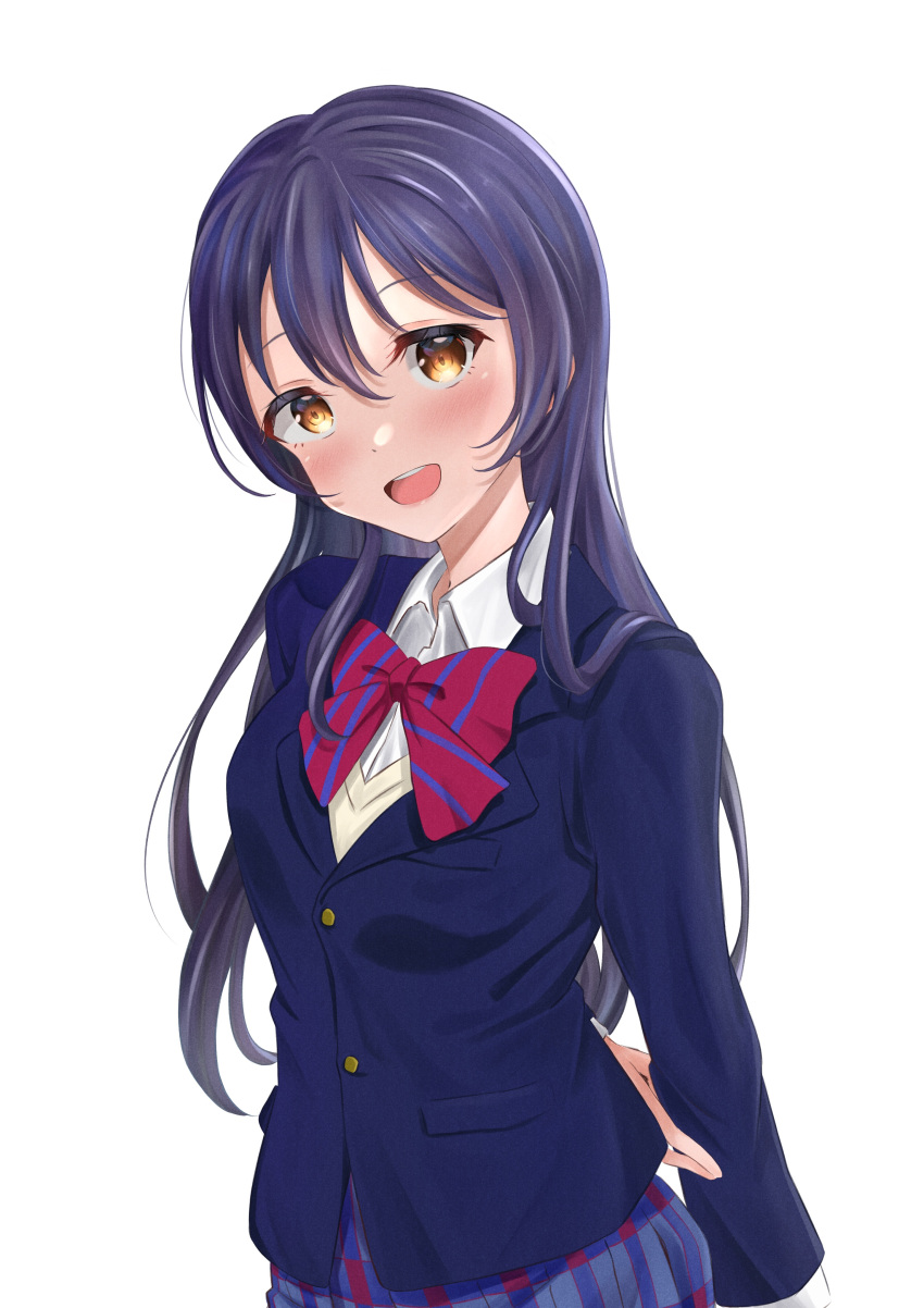 1girl absurdres arms_behind_back bangs blue_hair blush bow bowtie commentary_request frontrivers_kae highres long_hair long_sleeves looking_at_viewer love_live! love_live!_school_idol_project open_mouth otonokizaka_school_uniform school_uniform simple_background smile solo sonoda_umi striped striped_bow striped_bowtie swept_bangs white_background winter_uniform yellow_eyes