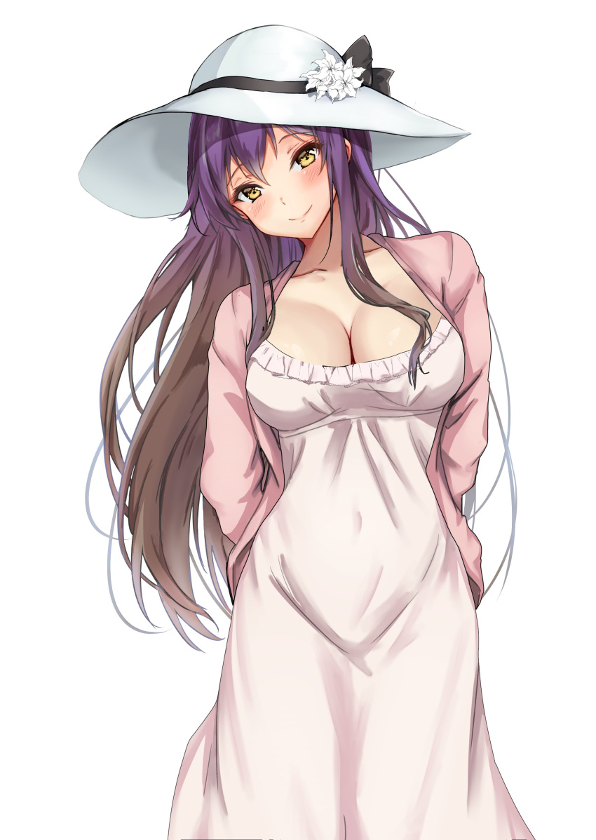 1girl absurdres alternate_costume amagi_(amagi626) bangs black_ribbon blush breasts brown_hair closed_mouth collarbone commentary_request dress eyebrows_visible_through_hair eyelashes flower hair_between_eyes hat hat_removed hat_ribbon headwear_removed highres hijiri_byakuren jacket large_breasts lily_(flower) long_hair looking_at_viewer multicolored_hair open_clothes open_jacket pink_jacket purple_hair ribbon simple_background smile solo touhou white_background white_dress white_flower white_headwear yellow_eyes