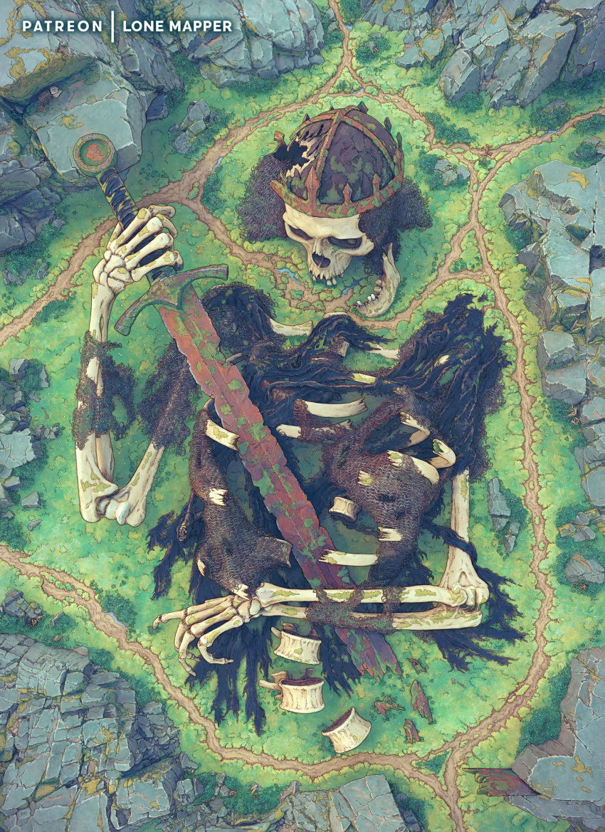absurdres artist_name commentary day english_commentary from_above giant_skeleton highres huge_weapon lone_mapper no_humans original oversized_object patreon_username rock rust scenery skeletal_arm skeletal_hand skeleton skull spine sword watermark weapon