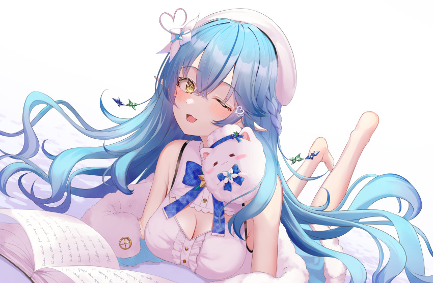 1girl absurdres ahoge bed blue_hair book camisole coat commentary flower hair_flower hair_ornament heart_ahoge highres hiruno_ushiro hololive long_hair one_eye_closed open_mouth reading ribbon smile virtual_youtuber yellow_eyes yukihana_lamy yukimin_(yukihana_lamy)