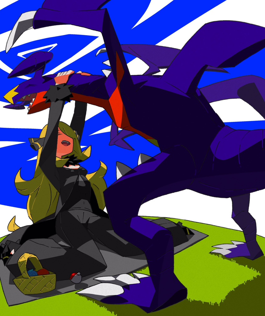 1girl black_coat black_pants blonde_hair coat cynthia_(pokemon) fur-trimmed_coat fur_collar fur_trim garchomp grass hair_ornament hair_over_one_eye highres hug long_hair outdoors pants poke_ball poke_ball_(basic) pokemon pokemon_(creature) pokemon_(game) pokemon_dppt very_long_hair yaya_hiyayaka