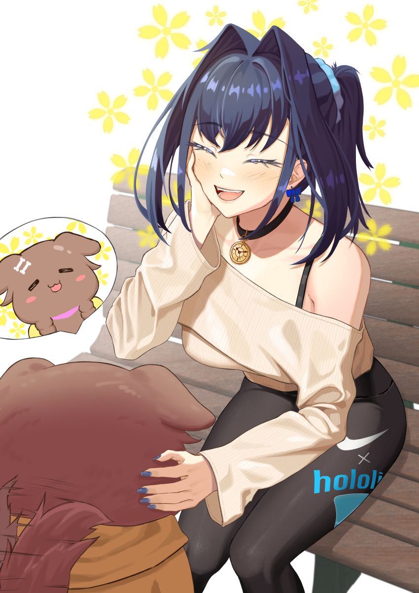 1girl :3 :d absurdres animalization bangom_r bangs bare_shoulders black_choker black_pants blue_bow blue_hair blue_nails blush bow bow_earrings breasts brown_sweater choker dog earrings eyebrows_visible_through_hair hair_intakes hair_ornament hair_scrunchie hand_on_own_cheek hand_on_own_face highres hololive hololive_english inugami_korone jewelry large_breasts long_sleeves nail_polish nike off-shoulder_sweater off_shoulder on_bench ouro_kronii pants petting scrunchie short_hair sitting smile sweater tail tail_wagging virtual_youtuber