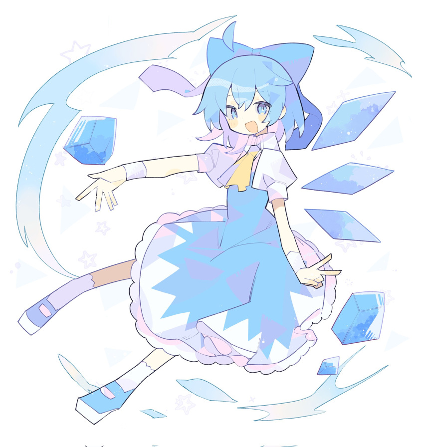 1girl ahoge arm_up ascot bangs blue_bow blue_dress blue_eyes blue_footwear blue_hair blush bow cirno collared_shirt commentary_request dress eyebrows_visible_through_hair eyes_visible_through_hair flying hair_between_eyes hand_up highres ice ice_wings looking_to_the_side magic mamimu_(ko_cha_22) open_mouth puffy_short_sleeves puffy_sleeves shirt shoes short_hair short_sleeves smile socks solo star_(symbol) touhou v white_legwear white_shirt wings wrist_cuffs yellow_ascot