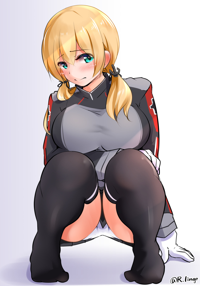 1girl absurdres anchor_hair_ornament black_legwear black_skirt blonde_hair breasts cross gloves hair_ornament highres iron_cross kantai_collection large_breasts lingerie_(aki3240) long_hair long_sleeves low_twintails microskirt military military_uniform over-kneehighs panties pleated_skirt prinz_eugen_(kancolle) skirt solo squatting thigh-highs twintails underwear uniform white_gloves white_panties