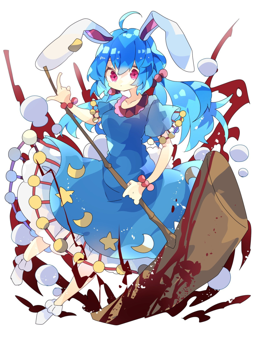 1girl :/ ahoge animal_ears blood blood_on_weapon blue_dress blue_hair bobby_socks bracelet collar commentary crescent dress frilled_collar frills hair_bobbles hair_ornament highres holding jewelry kine long_hair mallet nikorashi-ka petticoat pink_eyes rabbit_ears red_collar seiran_(touhou) socks solo star_(symbol) touhou weapon white_legwear wide_sleeves