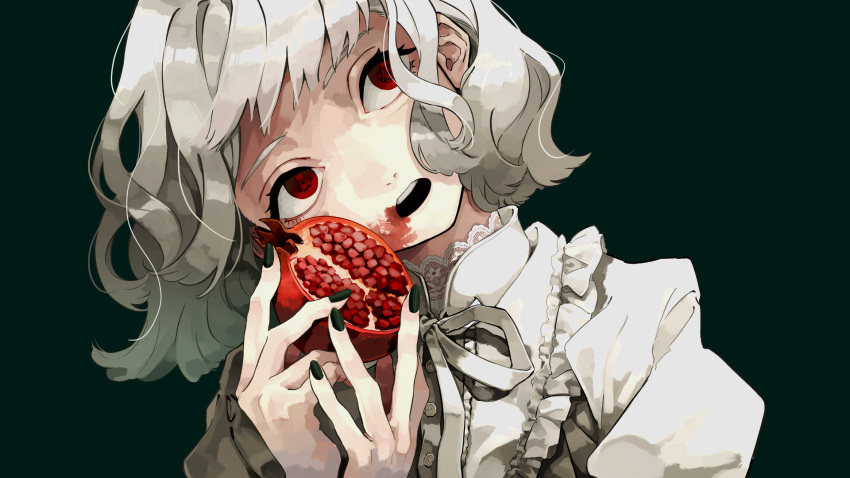 1girl bangs empty_eyes food food_on_face fruit head_tilt high_collar highres holding holding_food lace looking_to_the_side nail_polish open_mouth original pomegranate puffy_sleeves red_eyes ribbon shaded_face short_hair solo tomizu white_hair