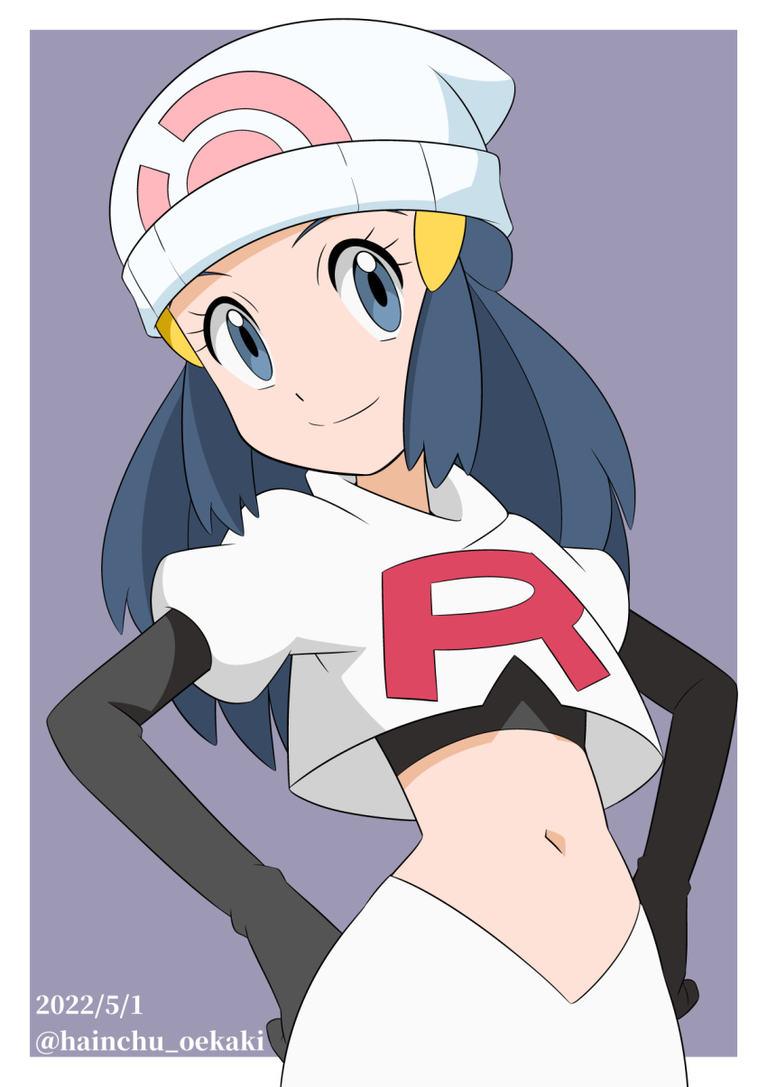 1girl beanie black_gloves border closed_mouth commentary_request cosplay dated elbow_gloves eyelashes gloves grey_background grey_eyes hainchu hair_ornament hairclip hat highres hikari_(pokemon) jacket jessie_(pokemon) jessie_(pokemon)_(cosplay) logo long_hair navel outside_border poke_ball_print pokemon pokemon_(anime) pokemon_dppt_(anime) skirt smile solo split_mouth team_rocket team_rocket_uniform white_border white_headwear white_jacket white_skirt