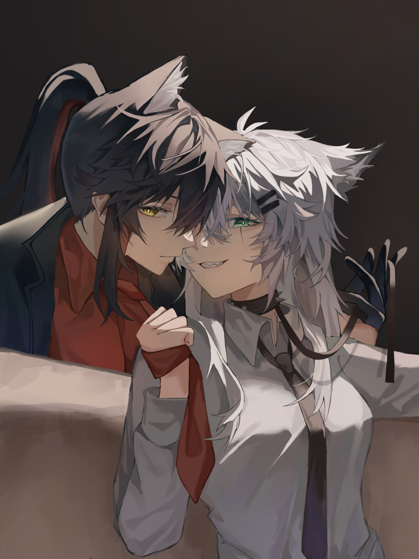 2girls absurdres animal_ears arknights bangs black_gloves black_hair black_necktie breasts closed_mouth collar collared_shirt gloves green_eyes grey_hair grin hair_between_eyes highres lappland_(arknights) leash long_hair long_sleeves looking_at_viewer medium_breasts multicolored_hair multiple_girls necktie necktie_grab neckwear_grab official_alternate_costume parted_lips ponytail red_necktie red_shirt redhead scar scar_across_eye scar_on_face sharp_teeth shiba257 shirt sidelocks smile spiked_collar spikes symbol-only_commentary teeth texas_(arknights) texas_(willpower)_(arknights) two-tone_hair upper_body white_shirt wolf_ears yellow_eyes yuri