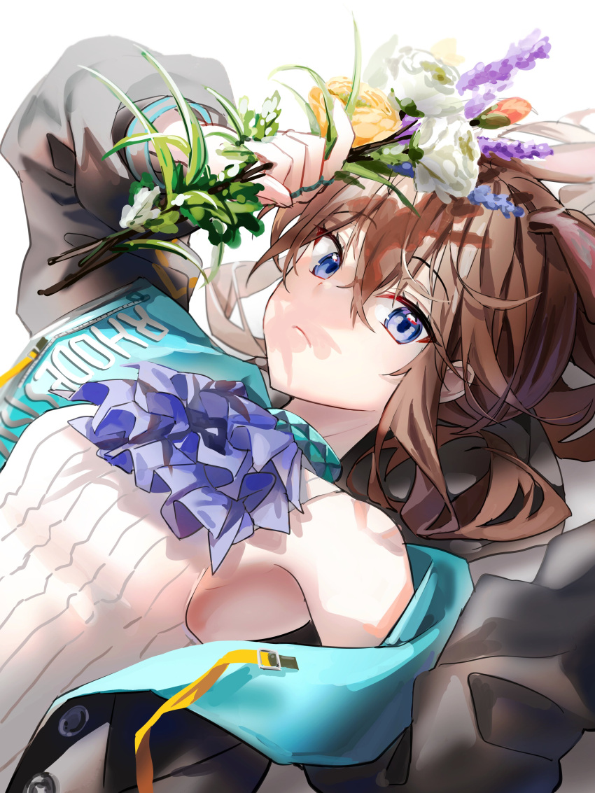 1girl absurdres amiya_(arknights) animal_ears arknights arm_up armpits bare_shoulders black_jacket blue_eyes brown_hair closed_mouth collar extra_ears flower highres holding holding_flower jacket long_hair long_sleeves looking_at_viewer lying nagul off_shoulder on_back open_clothes open_jacket rabbit_ears ribbed_shirt shirt sleeveless sleeveless_shirt solo white_flower white_shirt