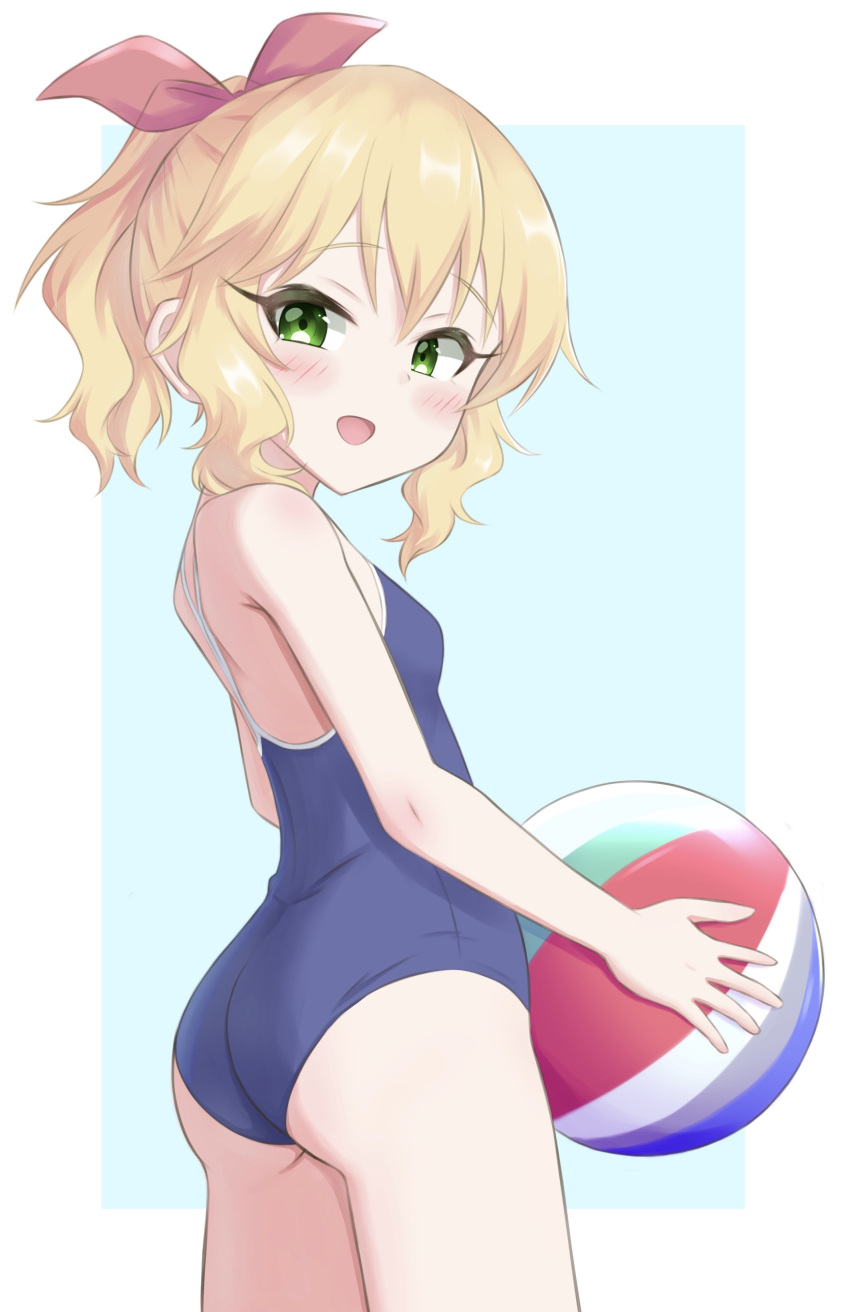 1girl absurdres ass ball beachball blonde_hair blue_swimsuit blush bow breasts from_behind green_eyes hair_bow highres idolmaster idolmaster_cinderella_girls idolmaster_cinderella_girls_starlight_stage looking_back minamoto_tarou one-piece_swimsuit open_mouth ponytail ribbon sakurai_momoka school_swimsuit short_hair small_breasts smile solo swimsuit thighs
