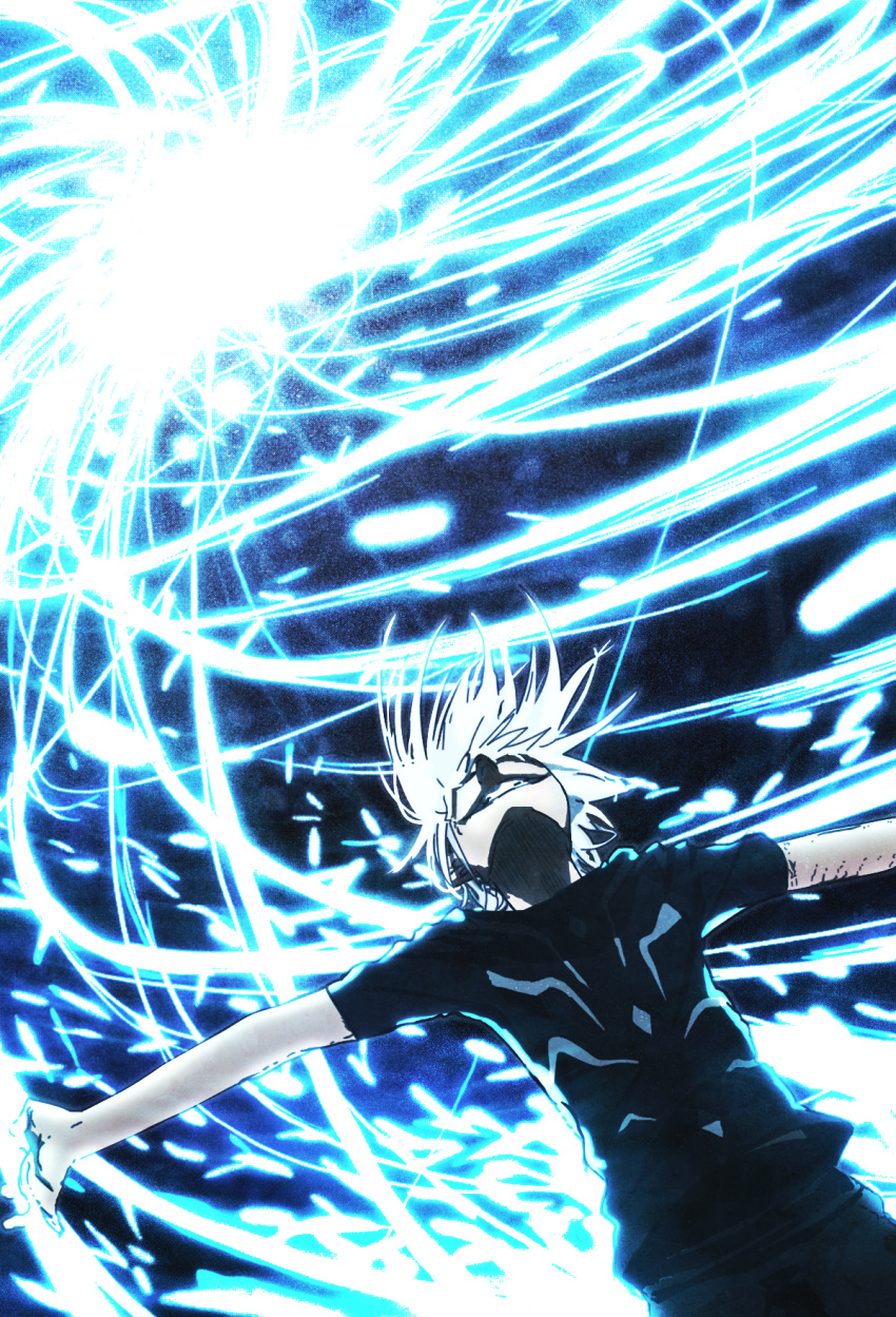 1boy accelerator_(toaru_majutsu_no_index) action black_shirt colorized commentary electricity electrokinesis energy esper fantasy feet_out_of_frame from_below gazing_eye glowing grin haimura_kiyotaka highres looking_up medium_hair night nose novel_illustration official_art outdoors outstretched_arms psychic science_fiction shirt short_sleeves smile solo teeth toaru_majutsu_no_index upper_body white_hair wind