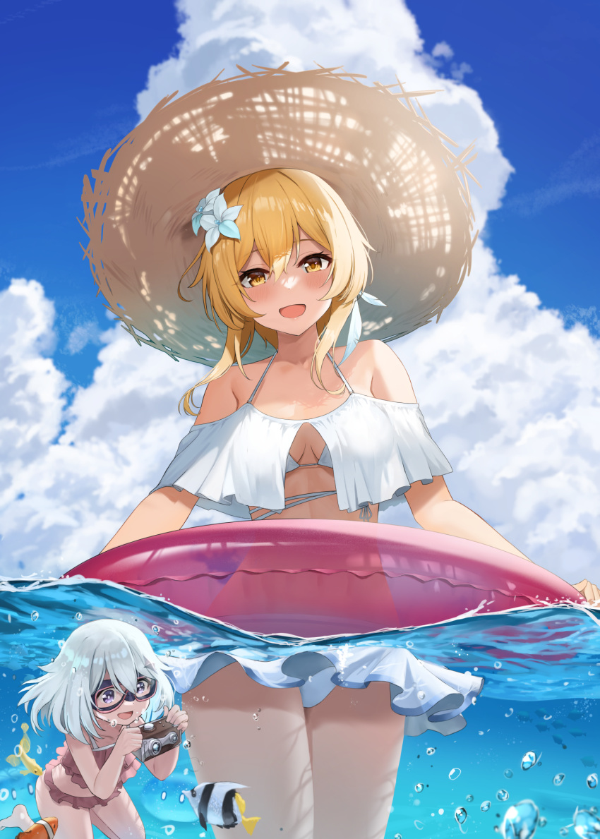 2girls :d ayul_(ayulneri_92) bikini blonde_hair blue_sky blush breasts brown_bikini brown_headwear bubble camera clouds commentary_request day fish flower frilled_bikini frills genshin_impact goggles hair_between_eyes hair_flower hair_ornament hat highres holding holding_camera looking_at_viewer lumine_(genshin_impact) medium_breasts medium_hair multiple_girls ocean open_mouth outdoors paimon_(genshin_impact) partially_submerged short_hair sky smile straw_hat swimsuit underwater white_bikini white_hair yellow_eyes