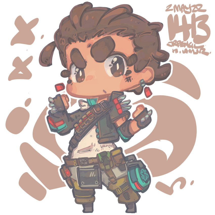 1girl apex_legends black_gloves black_jacket brown_eyes brown_hair character_name chibi clenched_hands dated fingerless_gloves gloves grey_pants highres jacket jr4rt mad_maggie_(apex_legends) pants shirt shoulder_spikes solo spiked_gloves spikes thick_eyebrows v-shaped_eyebrows white_shirt