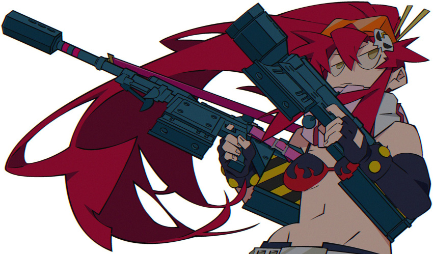 1girl anti-materiel_rifle bikini bikini_top_only black_gloves dual_wielding fingerless_gloves flame_print gloves gun hair_ornament highres holding holding_gun holding_weapon long_hair ponytail redhead rifle scarf simple_background skull_hair_ornament sniper_rifle solo swimsuit tengen_toppa_gurren_lagann very_long_hair weapon white_background yaya_hiyayaka yellow_eyes yoko_littner