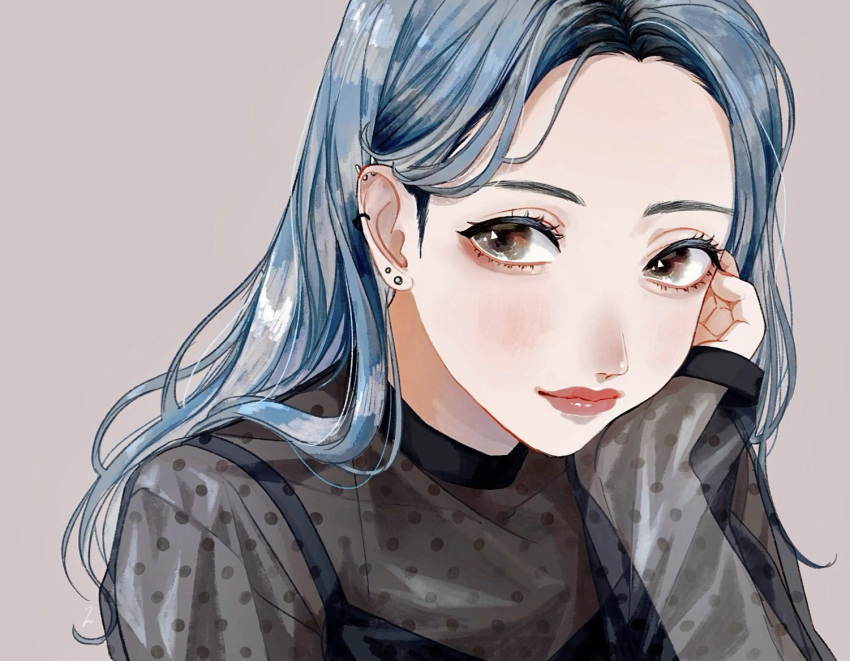 1girl blue_hair brown_eyes closed_mouth ear_piercing earrings grey_background jewelry lipstick long_hair long_sleeves looking_at_viewer makeup original piercing red_lips simple_background smile solo stud_earrings transparent_shirt tsunko_(9v2_q)