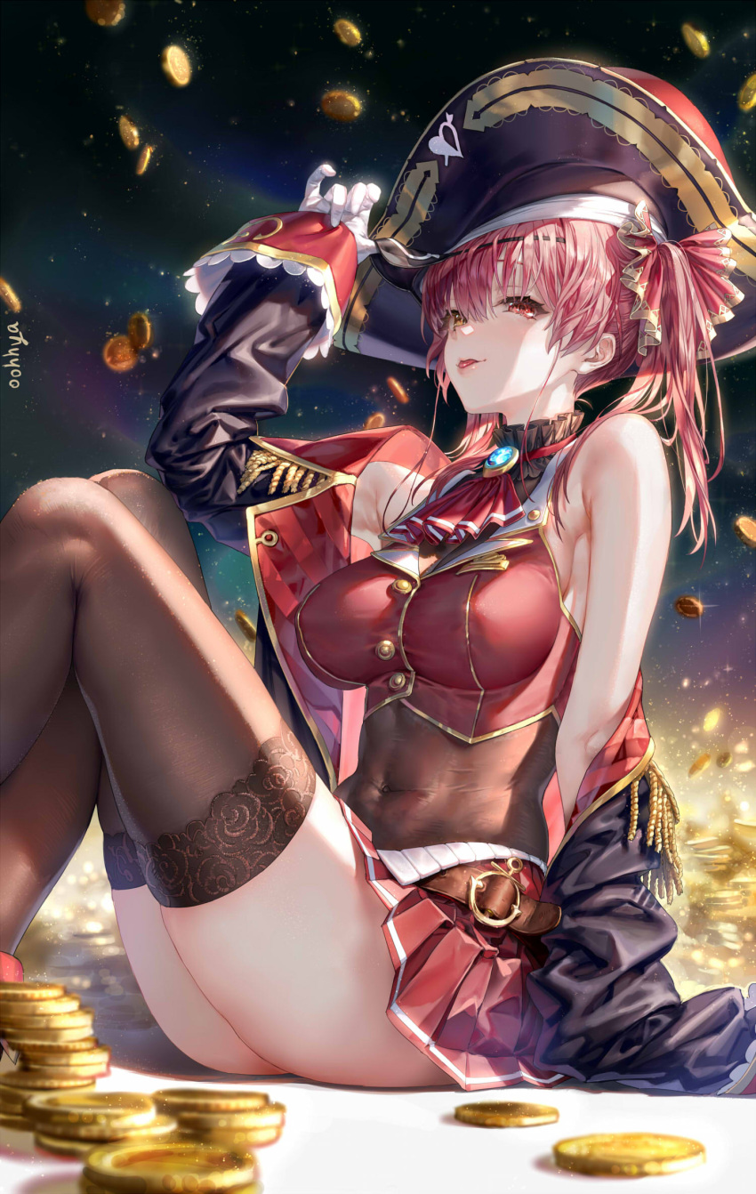 1girl :p arm_up arrow_through_heart artist_name ascot bangs bare_shoulders belt belt_buckle black_coat black_headwear breasts brooch brown_legwear brown_leotard buckle coat coin covered_navel cropped_vest epaulettes eyepatch eyepatch_lift feet_out_of_frame gem gloves hat highres hololive houshou_marine jewelry knees_up large_breasts leotard leotard_under_clothes long_hair long_sleeves looking_at_viewer miniskirt oohhya open_clothes open_coat pirate_hat pleated_skirt red_ascot red_eyes red_skirt red_vest redhead sitting skirt solo thigh-highs thighs tongue tongue_out twintails vest virtual_youtuber white_gloves yellow_eyes