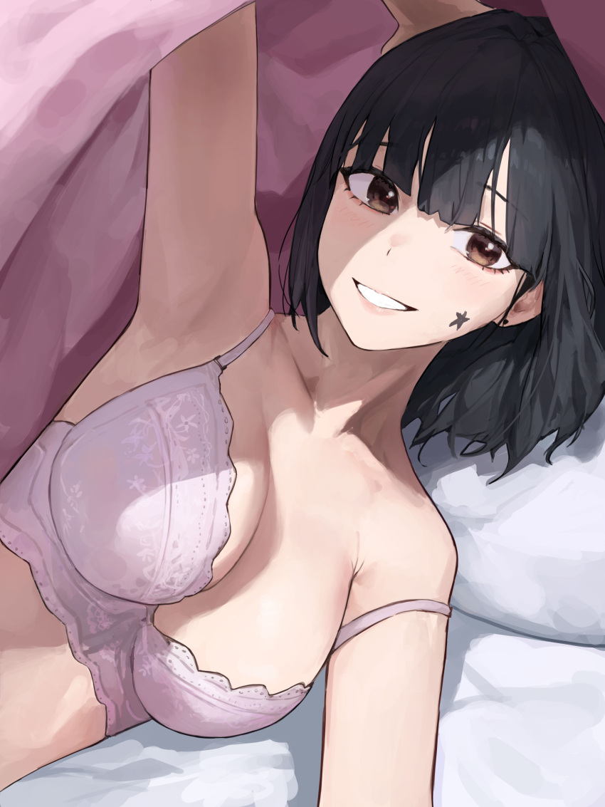 1girl absurdres arm_up bangs black_hair blanket blush bra breasts brown_eyes commentary_request earrings facial_mark highres jewelry korean_commentary large_breasts looking_at_viewer mac_star medium_hair on_bed original pink_bra smile solo star_(symbol) star_facial_mark strap_slip under_covers underwear underwear_only