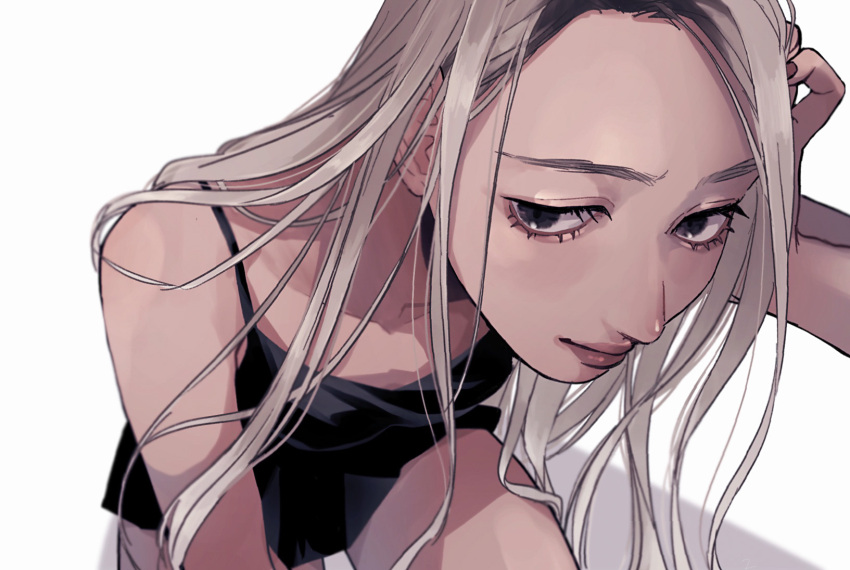 1girl black_camisole black_eyes camisole close-up closed_mouth forehead grey_hair hand_up highres long_hair original red_lips simple_background solo tsunko_(9v2_q) white_background