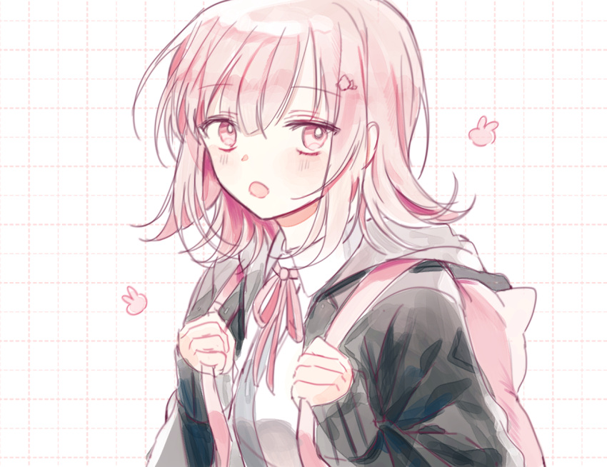 1girl :o alternate_hair_ornament backpack bag bangs black_jacket blush collared_shirt danganronpa_(series) danganronpa_2:_goodbye_despair ika_(kim0104043) jacket medium_hair nanami_chiaki neck_ribbon open_clothes open_jacket open_mouth pink_eyes pink_ribbon ribbon shirt solo two-tone_shirt upper_body white_shirt