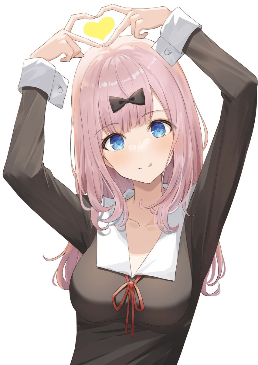 1girl :q arms_up bangs black_bow blue_eyes blunt_bangs bow breasts closed_mouth dot_nose eyebrows_visible_through_hair finger_heart fujiwara_chika full_body hair_bow heart highres kaguya-sama_wa_kokurasetai_~tensai-tachi_no_renai_zunousen~ kanaria_hisagi long_hair looking_at_viewer medium_breasts neck_ribbon pink_hair red_ribbon ribbon school_uniform shuuchiin_academy_school_uniform simple_background smile solo tongue tongue_out upper_body white_background winter_uniform