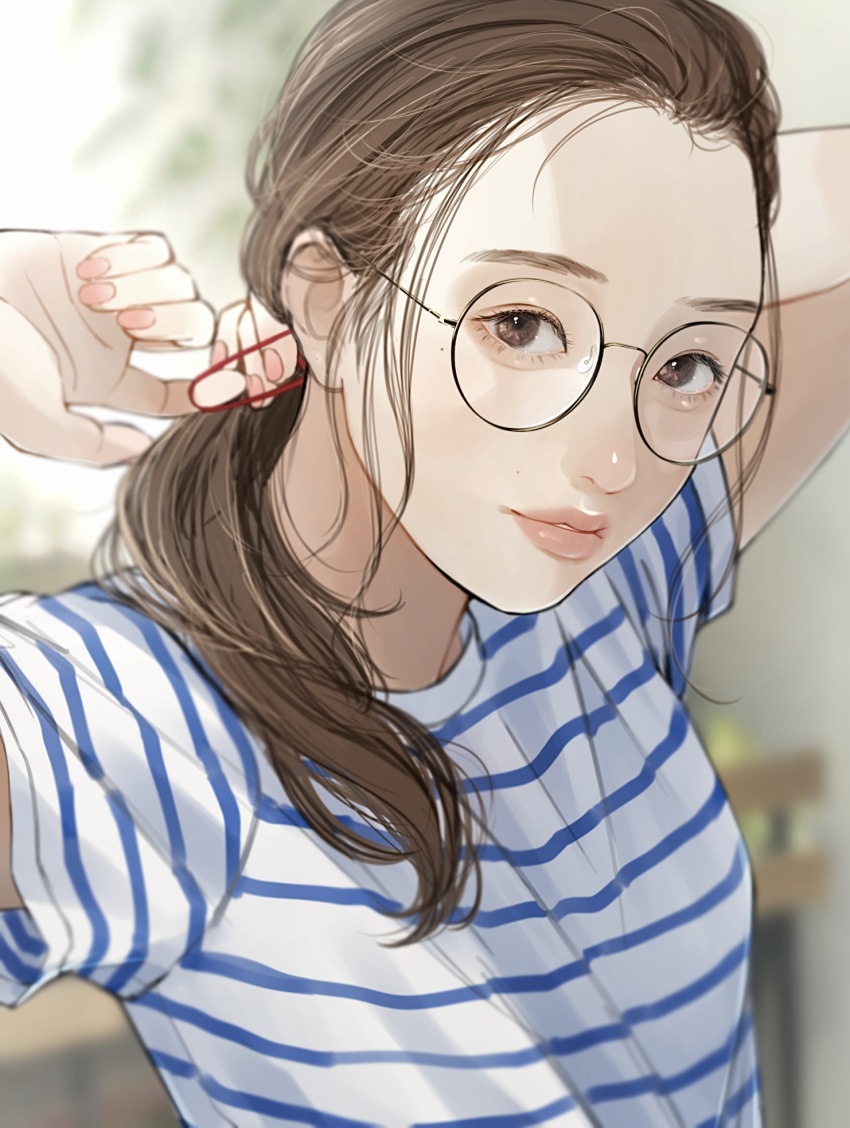 1girl arm_behind_head blue_shirt brown_eyes brown_hair fingernails forehead glasses hair_over_shoulder hair_tie highres lipstick looking_at_viewer makeup nail_polish original parted_lips pink_lips pink_nails ponytail round_eyewear shirt short_sleeves smile solo striped striped_shirt tsunko_(9v2_q) tying_hair upper_body