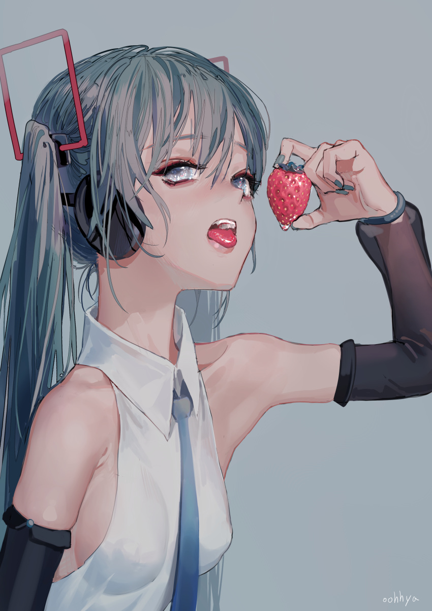 1girl absurdres aqua_eyes aqua_hair artist_name bare_shoulders blue_necktie breasts collared_shirt commentary detached_sleeves eyeshadow food fruit hair_between_eyes hatsune_miku hatsune_miku_(vocaloid4) headphones highres makeup nail_polish necktie oohhya open_mouth shirt sideboob signature simple_background small_breasts solo strawberry tongue tongue_out twintails upper_body v4x vocaloid