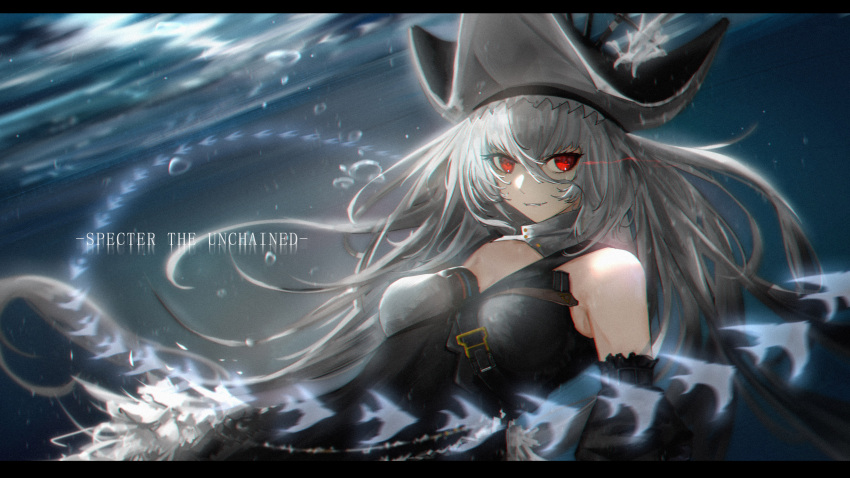 1girl absurdres air_bubble arknights bangs bare_shoulders black_dress black_headwear breasts bubble character_name commentary_request detached_sleeves dress fish grey_hair hair_between_eyes hat highres large_breasts letterboxed long_hair long_sleeves looking_at_viewer niuy parted_lips red_eyes smile solo specter_(arknights) specter_the_unchained_(arknights) underwater upper_body very_long_hair