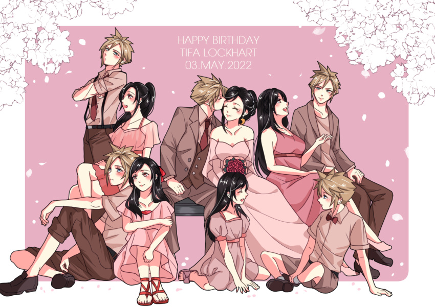 1boy 1girl babigonice bare_shoulders black_hair blonde_hair blue_eyes blush bouquet bow bowtie character_name cloud_strife couple dated dress earrings final_fantasy final_fantasy_vii final_fantasy_vii_remake flower formal full_body happy_birthday jewelry long_hair necktie pink_dress red_eyes sandals shoes sitting sleeveless sleeveless_dress suit tifa_lockhart