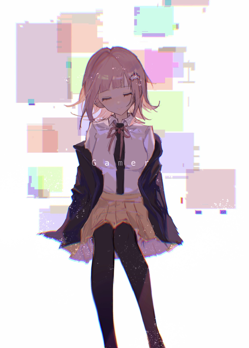 1girl absurdres bangs black_jacket black_legwear brown_hair brown_skirt closed_eyes danganronpa_(series) danganronpa_2:_goodbye_despair feet_out_of_frame galaga hair_ornament highres invisible_chair jacket medium_hair multicolored_background nanami_chiaki neck_ribbon off_shoulder pantyhose pink_ribbon pleated_skirt pye_(uzkv3777) ribbon shirt sitting skirt solo two-tone_shirt white_background