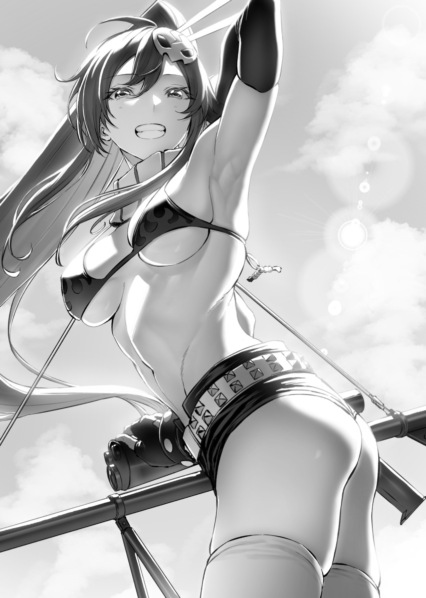 1girl arm_behind_head arm_up armpits ass bangs bikini bikini_top_only breasts clouds elbow_gloves fingerless_gloves flame_print floating_hair from_side gloves greyscale grin gun hair_ornament highres holding holding_gun holding_weapon large_breasts long_hair looking_at_viewer monochrome mugetsu2501 navel outdoors ponytail rifle scope skull_hair_ornament sky smile sniper_rifle solo stomach swimsuit teeth tengen_toppa_gurren_lagann thigh-highs twisted_torso weapon yoko_littner