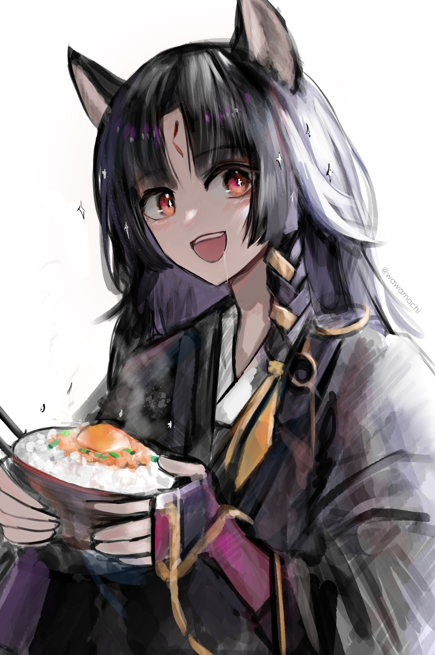 1girl absurdres animal_ears arknights bangs beads black_hair blush bowl chopsticks dog_ears dog_girl drooling eating food gauntlets highres holding holding_bowl japanese_clothes long_hair looking_at_viewer nattou open_mouth prayer_beads red_eyes rice saga_(arknights) saliva shaded_face shiny shiny_hair smile solo teeth wawamachi_(wawamachis) white_background