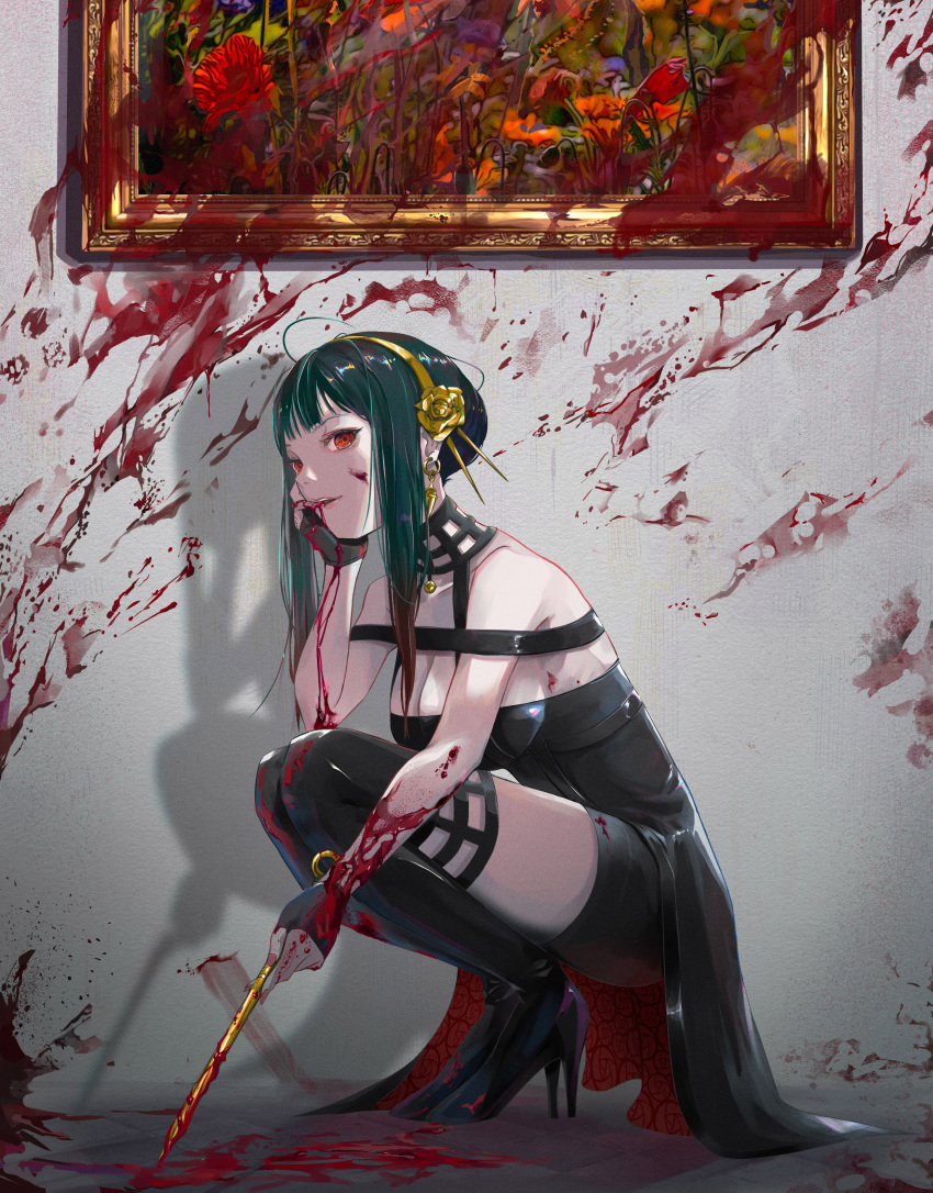 1girl absurdres ahoge bangs bare_shoulders black_dress black_footwear black_gloves blood blood_on_clothes blood_on_face blood_on_hands blood_on_weapon blood_splatter blunt_bangs boots breasts commentary_request dress finger_to_mouth fingerless_gloves flower from_side gloves green_hair hair_flower hair_ornament hairband hand_on_own_cheek hand_on_own_face high_heel_boots high_heels highres holding holding_weapon looking_at_viewer looking_to_the_side medium_breasts nail_polish open_mouth painting_(object) peropicnic red_eyes red_nails shadow shiny shiny_hair short_hair_with_long_locks solo spy_x_family squatting weapon yellow_flower yellow_hairband yor_briar