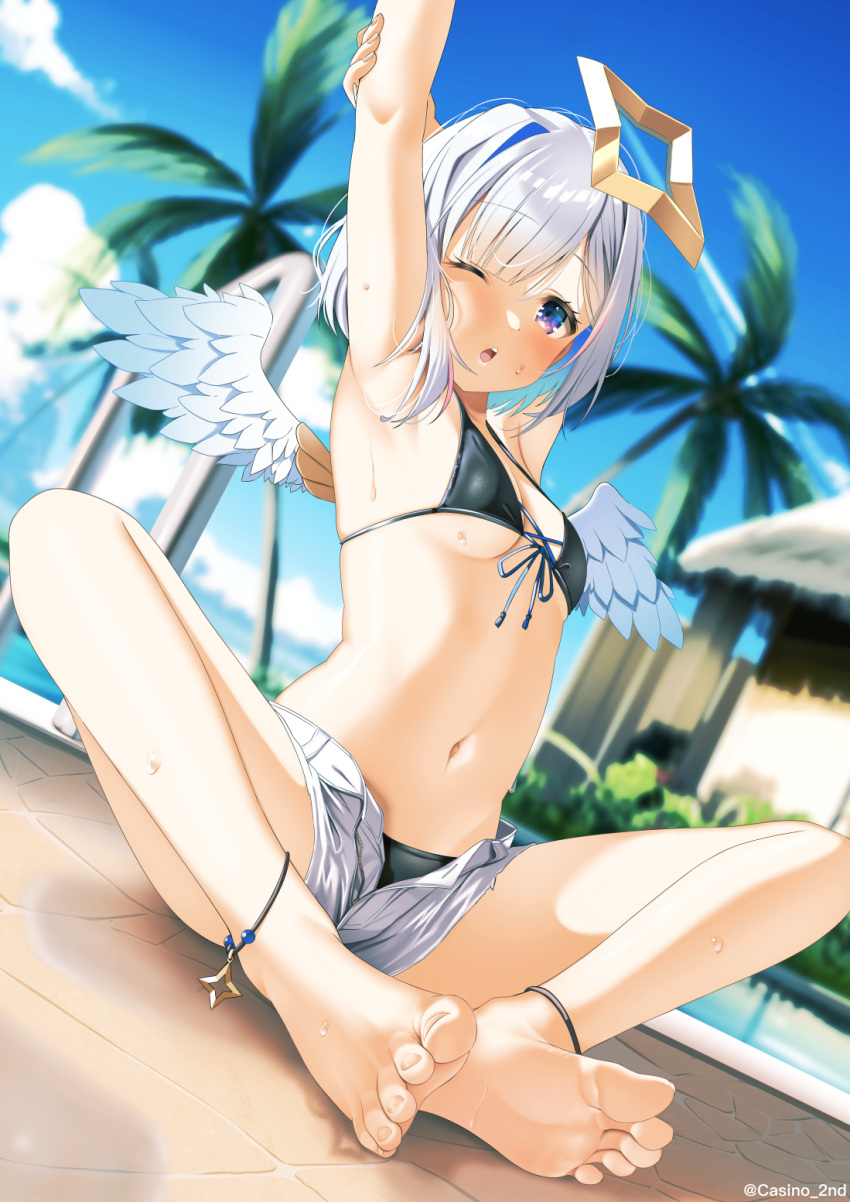 1girl amane_kanata angel angel_wings anklet armpits arms_up asymmetrical_hair barefoot bikini black_bikini blue_hair breasts casino_(casinoep) colored_inner_hair commentary_request english_commentary feathered_wings feet foot_focus foreshortening full_body gradient gradient_wings hair_ornament hairclip halo highres hololive jewelry mixed-language_commentary multicolored_hair multicolored_wings navel revision short_hair single_hair_intake small_breasts soles star_halo stomach streaked_hair swimsuit toes violet_eyes virtual_youtuber white_wings wings
