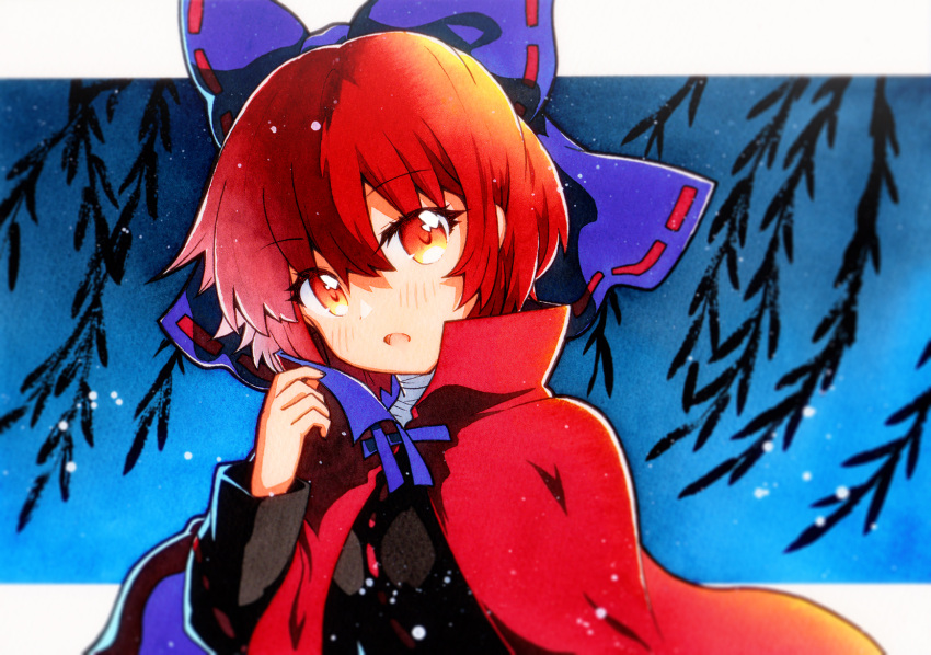1girl bare_tree blush bow cape full_moon hair_bow high_collar highres long_sleeves looking_at_viewer moon night night_sky open_mouth qqqrinkappp red_cape red_eyes redhead sekibanki shikishi shirt short_hair skirt sky solo touhou traditional_media tree