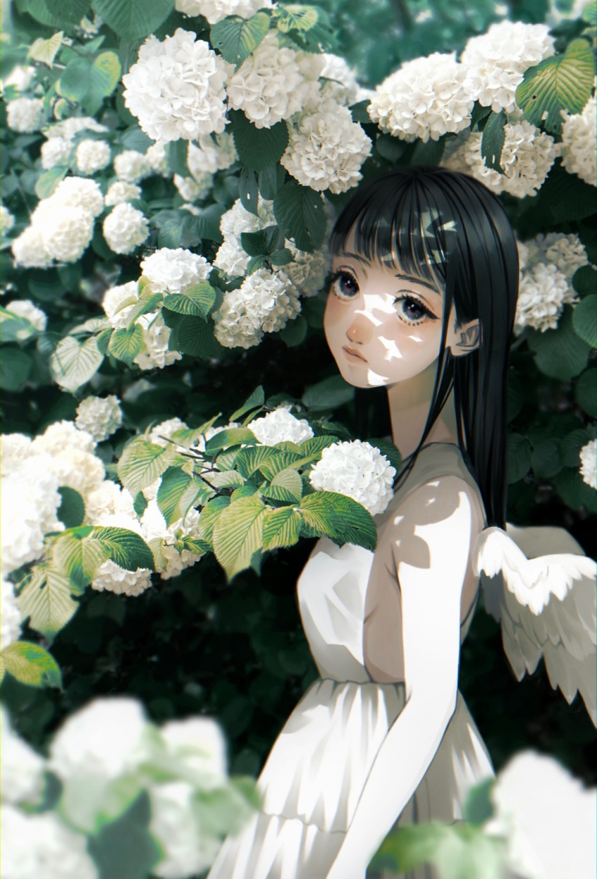 1girl angel_wings bare_arms black_eyes black_hair breasts closed_mouth dappled_sunlight dress flower from_side highres long_hair looking_at_viewer looking_to_the_side original outdoors sideboob sleeveless sleeveless_dress solo sunlight tsunko_(9v2_q) white_dress white_flower wings