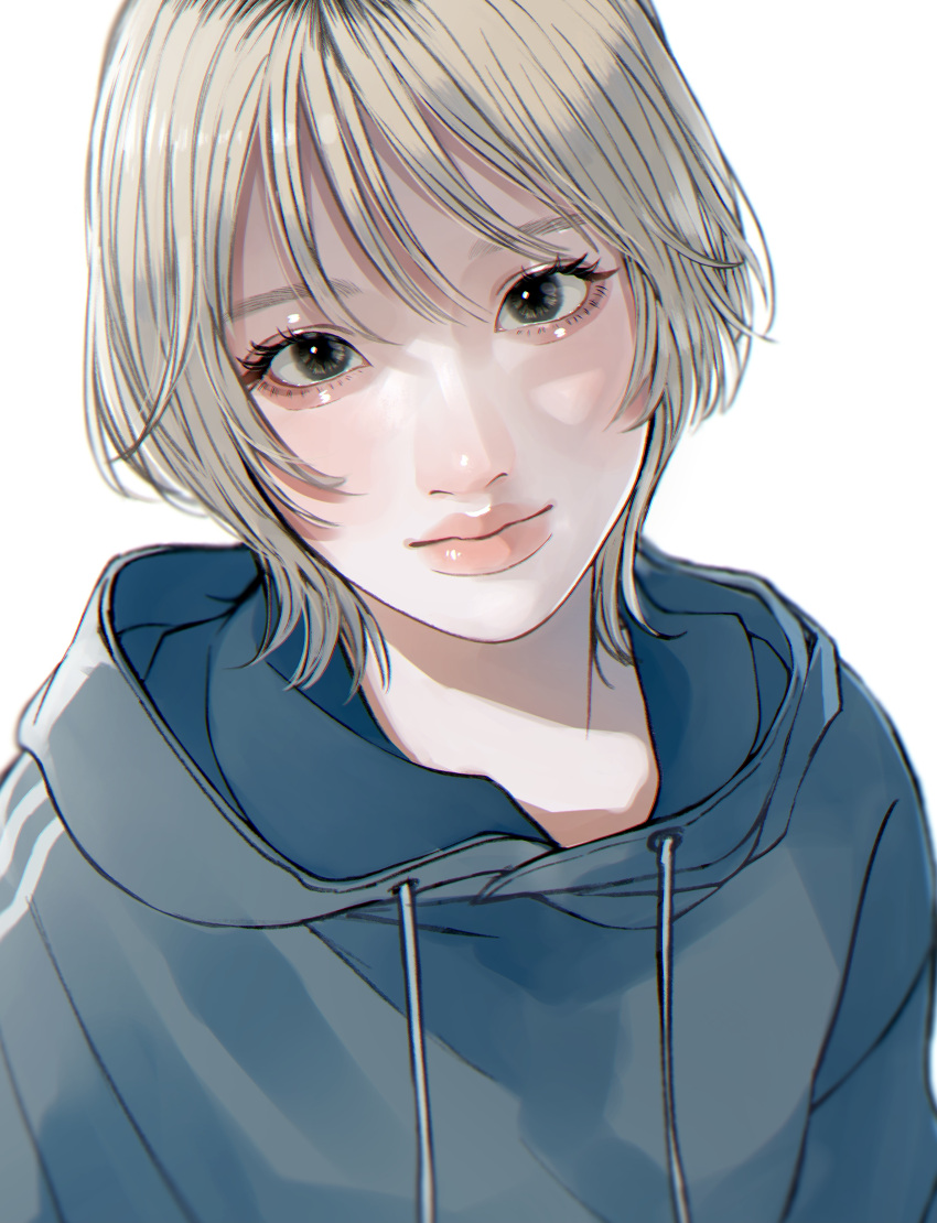 1girl absurdres black_eyes blonde_hair blue_hoodie closed_mouth highres hood hood_down hoodie lipstick looking_at_viewer makeup original pink_lips short_hair simple_background smile solo tomboy tsunko_(9v2_q) white_background