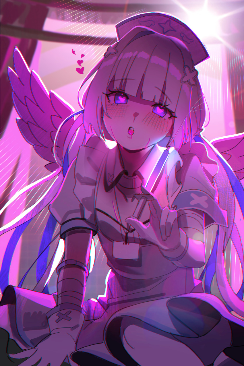 1girl absurdres amane_kanata bangs blue_hair blunt_bangs blush dress eyebrows_visible_through_hair gloves hat heart heart-shaped_pupils highres hololive jiki_(gkdlfnzo1245) lens_flare long_hair looking_at_viewer multicolored_hair name_tag nurse nurse_cap open_mouth solo streaked_hair symbol-shaped_pupils syringe two-tone_hair violet_eyes white_dress white_hair wings