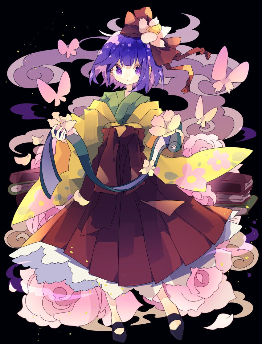 1girl bangs black_footwear book bow bug butterfly commentary floral_print flower flower_ornament full_body green_kimono hair_bow hieda_no_akyuu highres holding holding_scroll japanese_clothes kimono layered_clothing layered_kimono long_sleeves mary_janes nikorashi-ka pink_flower pink_rose purple_hair red_bow red_sash red_skirt rose sash scroll shoes short_hair skirt solo touhou violet_eyes wide_sleeves yellow_kimono